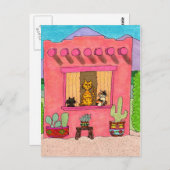 ピンクのアドビハウスで3匹の猫 ポストカード (正面/裏面)