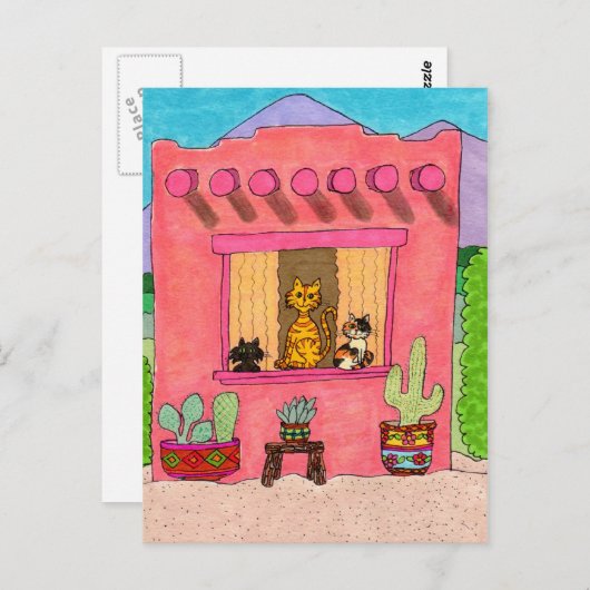 ピンクのアドビハウスで3匹の猫 ポストカード (正面/裏面)