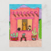 ピンクのアドビハウスで3匹の猫 ポストカード (正面)