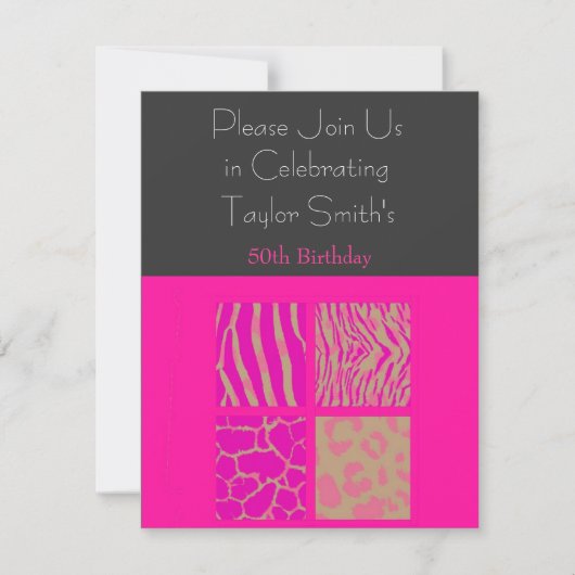 ピンクのアニマルプリント誕生日招待状 招待状 (正面)