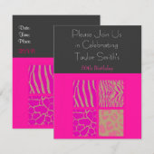 ピンクのアニマルプリント誕生日招待状 招待状 (正面/裏面)