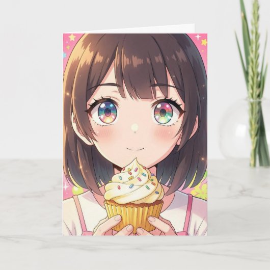 ピンクのアニメ女子の誕生日とぬりえページ カード (正面)