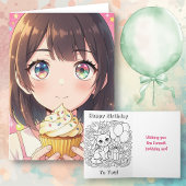 ピンクのアニメ女子の誕生日とぬりえページ カード