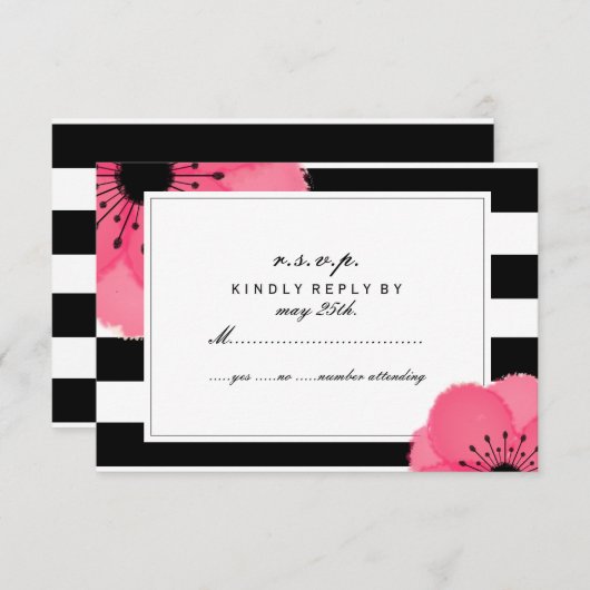 ピンクのアネモネの花柄の黒 + 白ストライプなRSVP 出欠カード (正面/裏面)