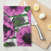 ピンクのアネモネ園 キッチンタオル (四つ折り)