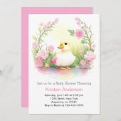 ピンクのアヒルかわいい水の色の女の子ベビーシャワー 招待状 (正面/裏面)