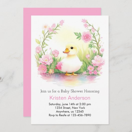 ピンクのアヒルかわいい水の色の女の子ベビーシャワー 招待状 (正面/裏面)