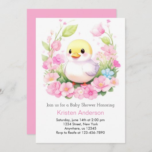 ピンクのアヒルかわいい至福の女の子ベビーシャワー 招待状 (正面/裏面)