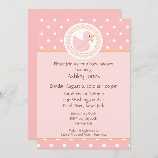 ピンクのアヒルのベビーシャワー 招待状 (正面/裏面)