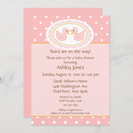 ピンクのアヒルの双生児のベビーシャワー 招待状 (正面/裏面)