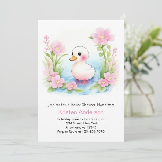 ピンクのアヒルの女の子の赤ちゃんシャワー 招待状 (スタンド正面)