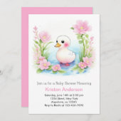 ピンクのアヒルの女の子の赤ちゃんシャワー 招待状 (正面/裏面)