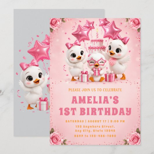 ピンクのアヒルの子の1歳の誕生日招待状 招待状 (正面/裏面)