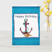 ピンクのアンカーとロープと貝殻の誕生日 カード (黄色い花)