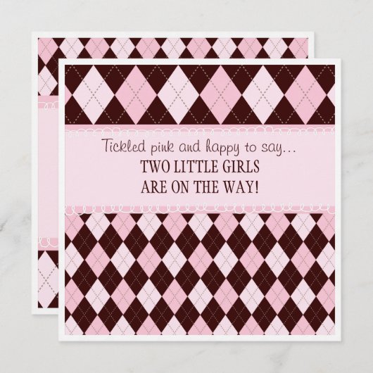 ピンクのアーガイル柄のな対の女の子のベビーシャワーでかわいらしい 招待状 (正面/裏面)