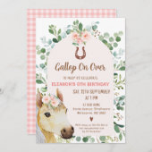 ピンクのアーチの葉の馬またはポニー誕生日 招待状 (正面/裏面)