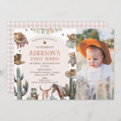 ピンクのアーチ写真 ファーストロデオ ウェスタン 1歳誕生日 招待状 (正面/裏面)