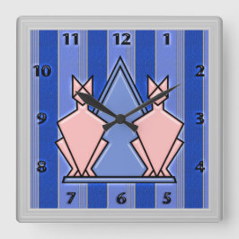 ピンクのアールデコの猫が青ストライプのい背景 スクエア壁時計