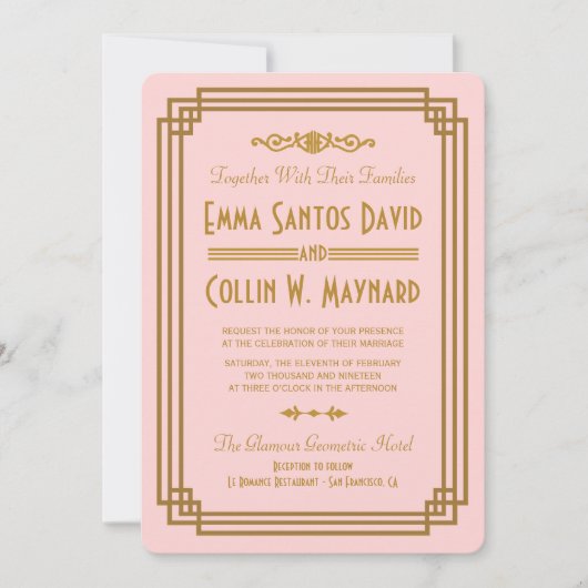 ピンクのアールデコ結婚式招待状 招待状 (正面)