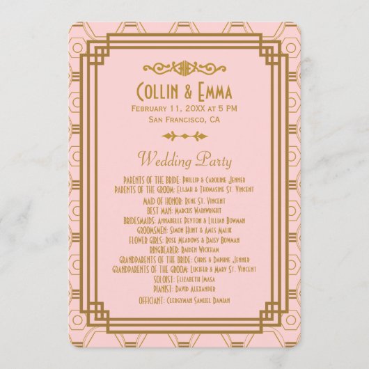 ピンクのアールデコ結婚式 プログラム (正面)