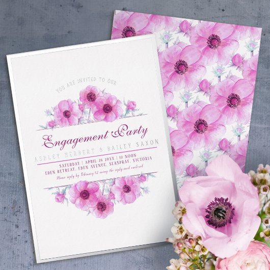 ピンクのイソギンチャクの花の水彩画を用いたエンゲージメントのご案内 箔招待状