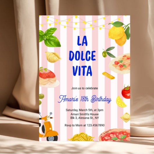 ピンクのイタリア ラ・ドルチェ・ヴィータ 大人の女性の誕生日 招待状