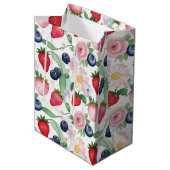 ピンクのイチゴの花の誕生日パーティー ミディアムペーパーバッグ (正面アングル)