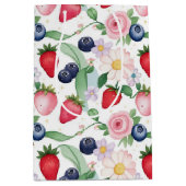 ピンクのイチゴの花の誕生日パーティー ミディアムペーパーバッグ (正面)