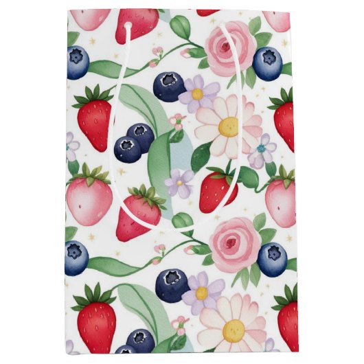 ピンクのイチゴの花の誕生日パーティー ミディアムペーパーバッグ (正面)