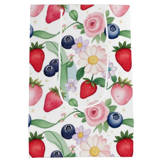 ピンクのイチゴの花の誕生日パーティー ミディアムペーパーバッグ (裏面)