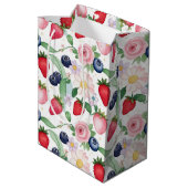 ピンクのイチゴの花の誕生日パーティー ミディアムペーパーバッグ (裏面アングル)