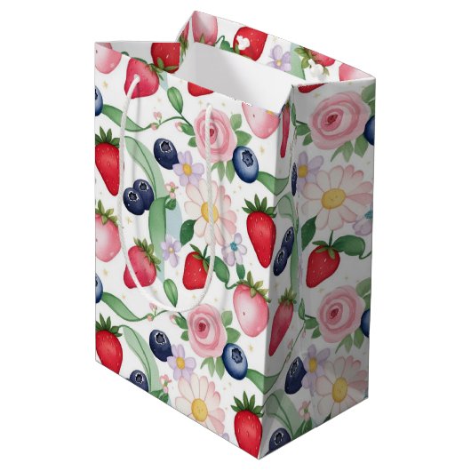 ピンクのイチゴの花の誕生日パーティー ミディアムペーパーバッグ (裏面アングル)