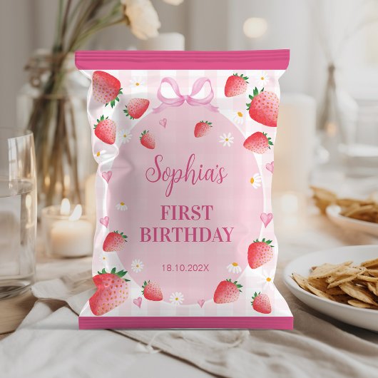 ピンクのイチゴの誕生日パーティーのお菓子袋ラッパー チラシ
