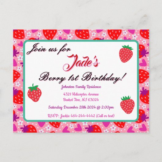 ピンクのイチゴの1歳誕生日招待状 ポストカード (正面)