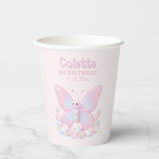 ピンクのイチゴチョウの誕生日 紙コップ (正面)