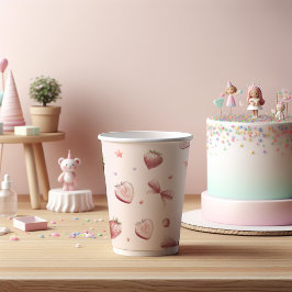 ピンクのイチゴハートリボンスター 紙コップ