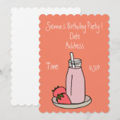 ピンクのイチゴミルクシェイク レトロガールズパーティー 招待状 (正面/裏面)