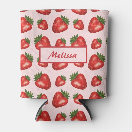 ピンクのイチゴ果柄と名前をカスタムする 缶クーラー (正面)