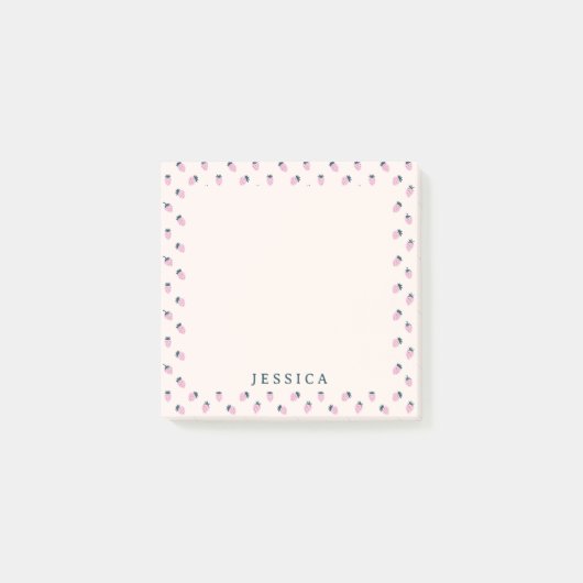 ピンクのイチゴ柄、名前をカスタムする ポストイット (正面)