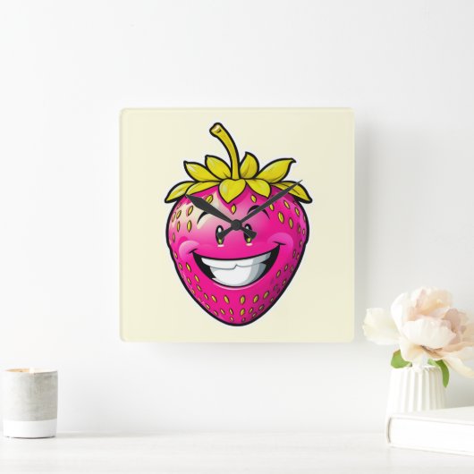 ピンクのイチゴ スクエア壁時計 (ホーム)