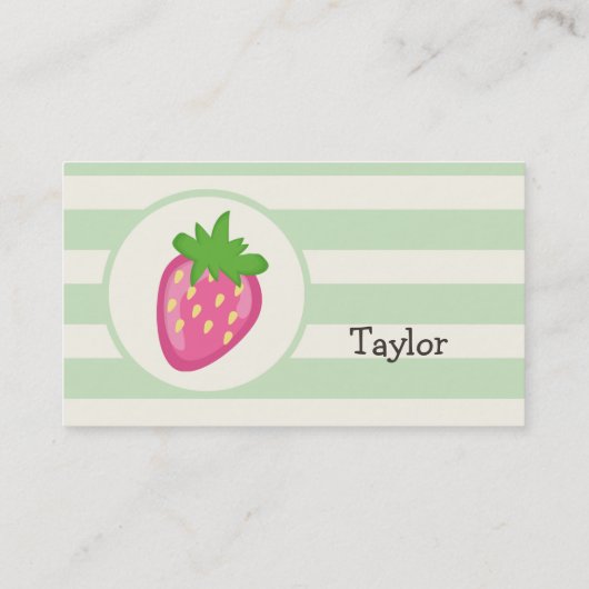 ピンクのイチゴ；パステルグリーンストライプ 名刺 (裏面)