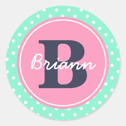 ピンクのイニシャルと名前 ラウンドシール (正面)