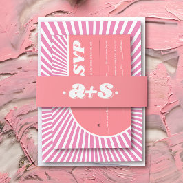 ピンクのイニシャルレトロインスパイアgroovy 70s結婚の 招待状ベリーバンド