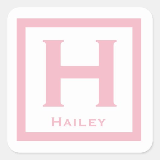 ピンクのイニシャル名キッズガールパーティー新学期 スクエアシール (正面)