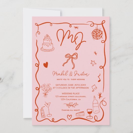 ピンクのイニシャル手描図解入りの、写真付きのき写結婚真 招待状 (正面)