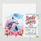 ピンクのイルカのベビーシャワー 招待状 (正面/裏面)