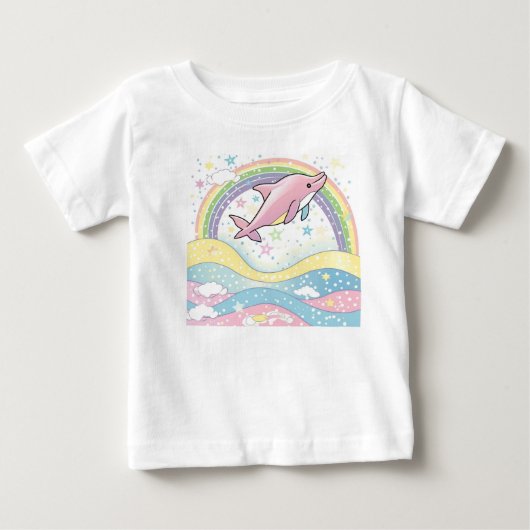 ピンクのイルカの赤ちゃんTシャツに虹と星 ベビーTシャツ (正面)
