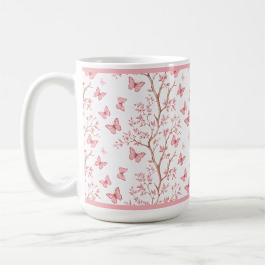 ピンクのインクで縁取られた花柄デザイン コーヒーマグカップ (左)