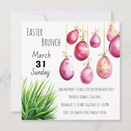 ピンクのイースターエッグと緑の草の房 招待状 (正面)
