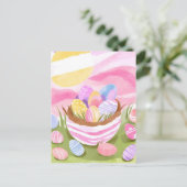 ピンクのイースターエッグバスケット | パステルウォーターカラー シーズンポストカード (スタンド正面)